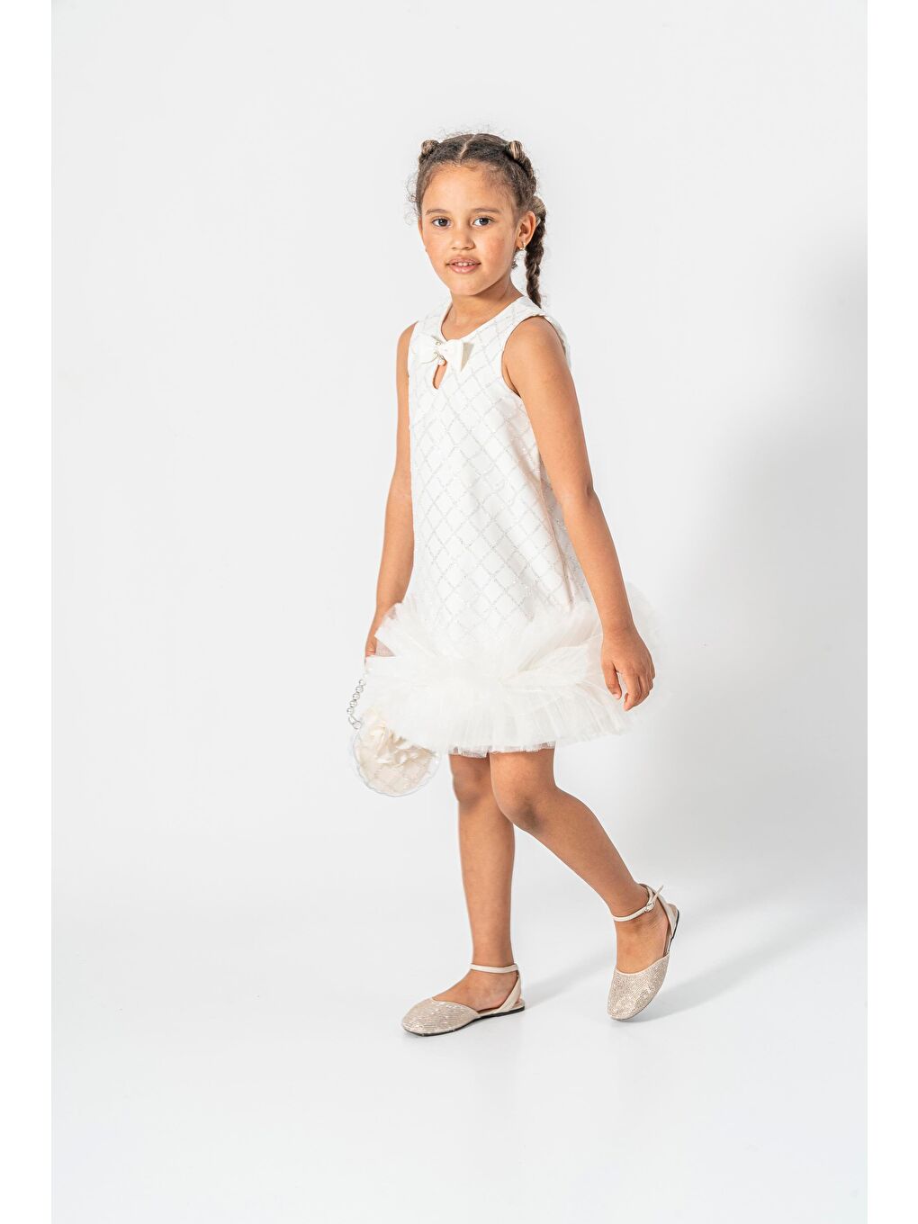 Kız Çocuk Ekru Payet İşlemeli Fiyonklu Tüllü Abiye Elbise-2