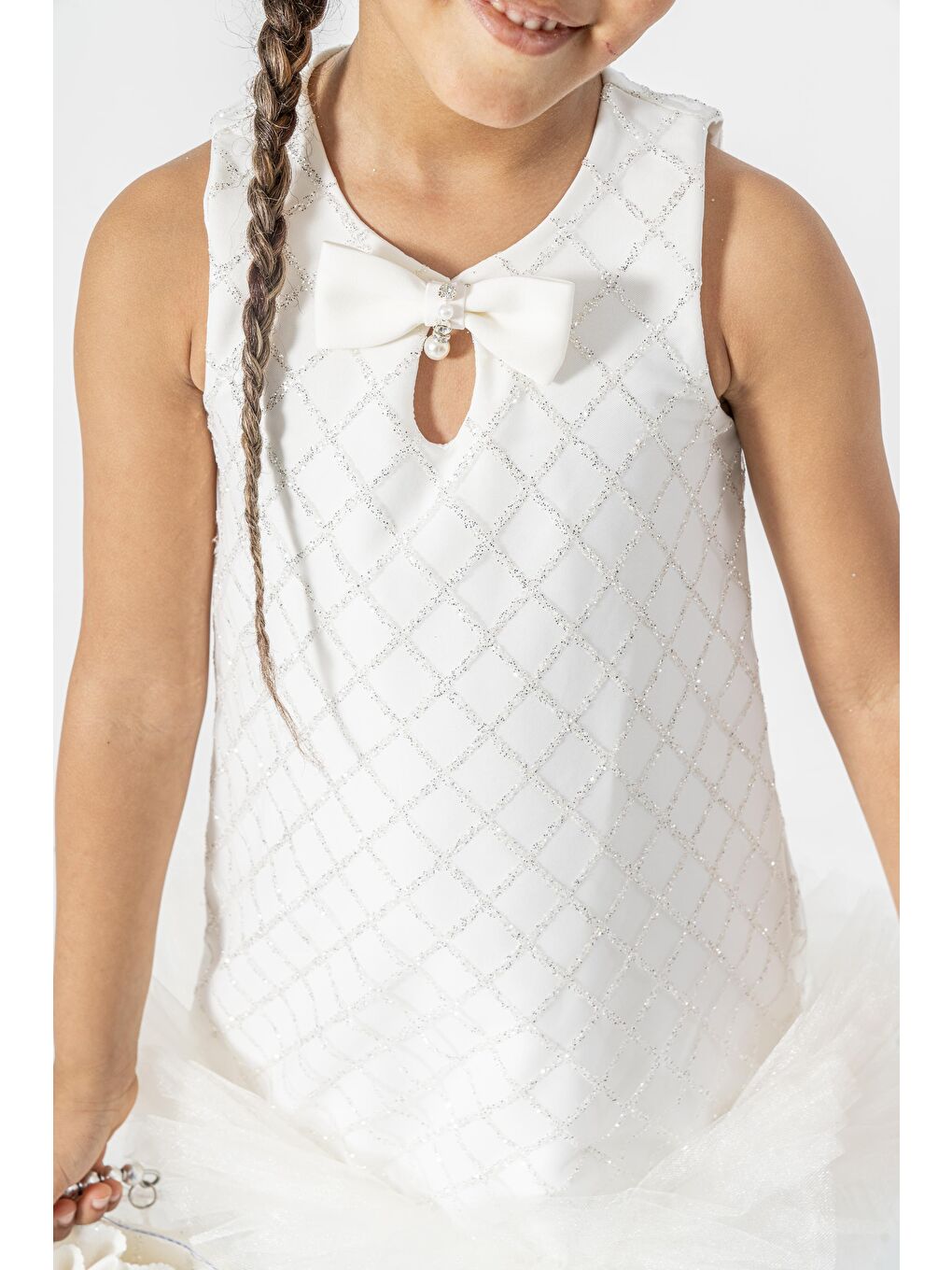 Kız Çocuk Ekru Payet İşlemeli Fiyonklu Tüllü Abiye Elbise-3