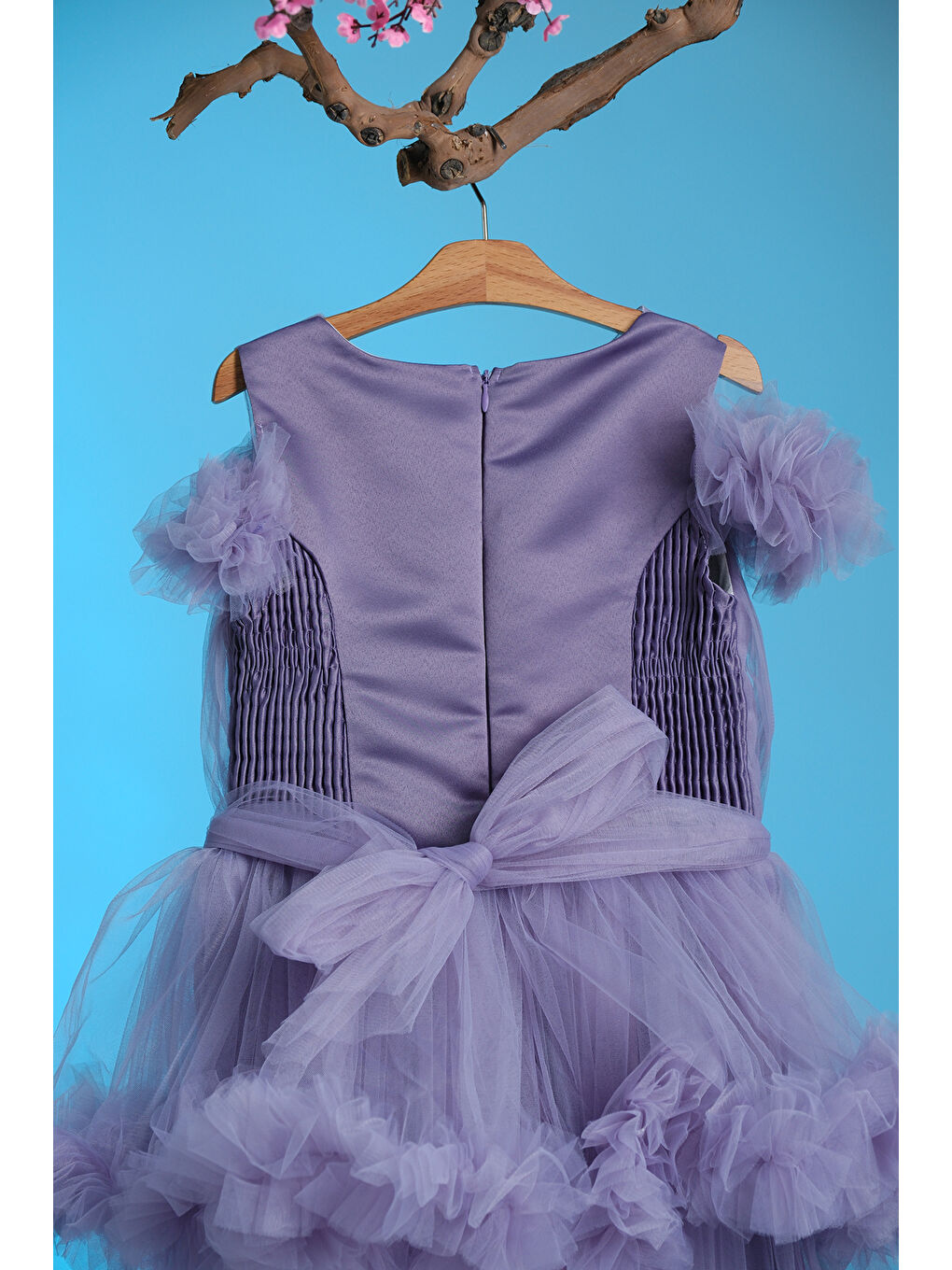 Lila Kız Çocuk Kat Kat Tüllü Kuyruklu Prenses Elbise-5