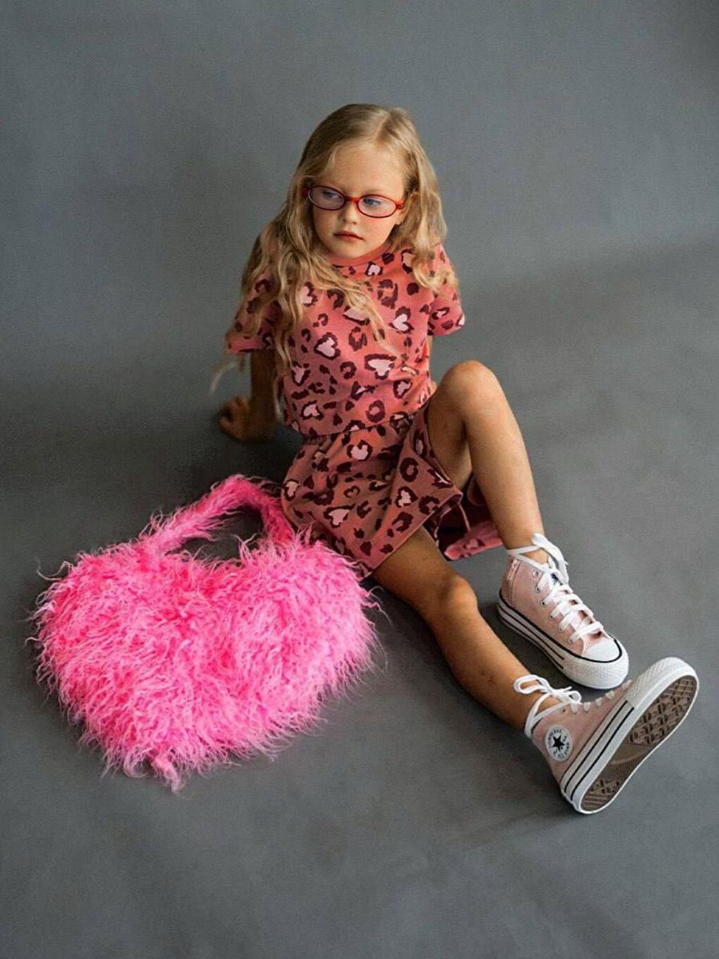 Karışık Kız Çocuk Pamuklu Gül Kurusu Kalp Desenli Leopar Crop T-Shirt Ve Şort Takım-3