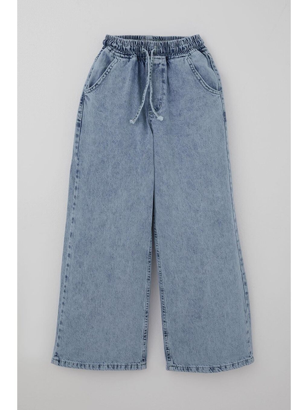 Kız Çocuk Jean Pantolon Bağcıklı Bel Kısmı Lastikli Açık Mavi (7-12 Yaş)