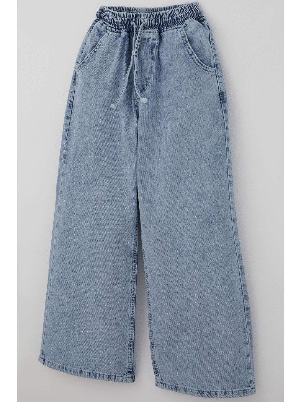 Kız Çocuk Jean Pantolon Bağcıklı Bel Kısmı Lastikli Açık Mavi (7-12 Yaş)-2