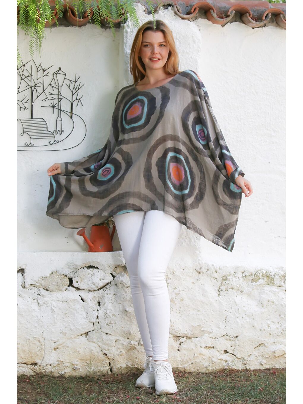 Bej İtalyan Vizon Havuz Yaka Yarasa Kol Geometrik Desenli Keten Oversize Dokuma Tunik 80 120-2