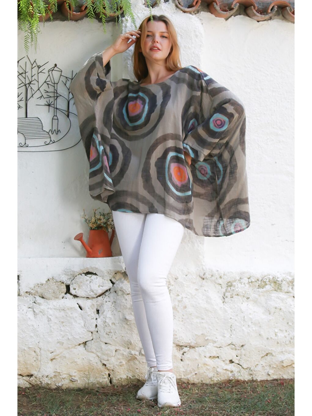 Bej İtalyan Vizon Havuz Yaka Yarasa Kol Geometrik Desenli Keten Oversize Dokuma Tunik 80 120-3
