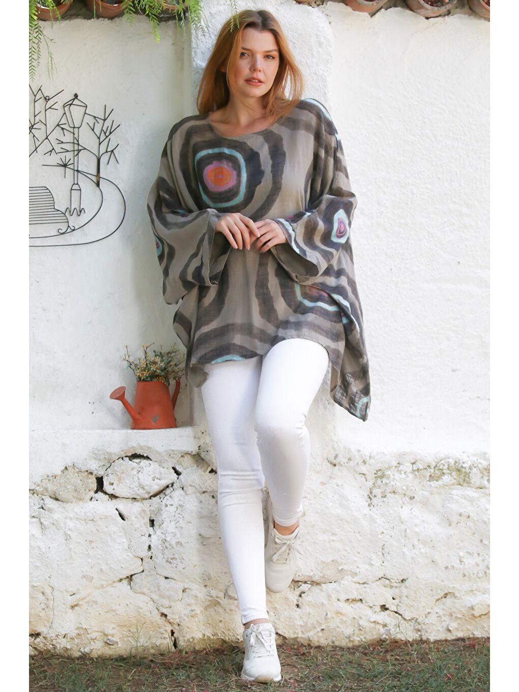Bej İtalyan Vizon Havuz Yaka Yarasa Kol Geometrik Desenli Keten Oversize Dokuma Tunik 80 120-4