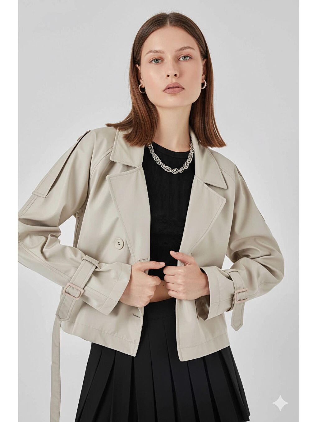 Kadın Bej Kruvaze Yaka Kuşaklı Astarlı Kısa Trençkot HZL25W-BD159701-2