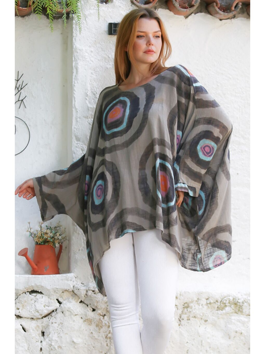 Bej İtalyan Vizon Havuz Yaka Yarasa Kol Geometrik Desenli Keten Oversize Dokuma Tunik 80 120-5