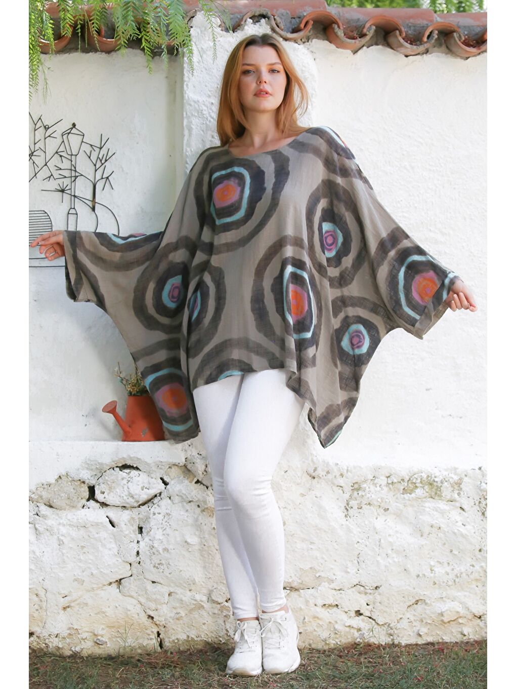 Bej İtalyan Vizon Havuz Yaka Yarasa Kol Geometrik Desenli Keten Oversize Dokuma Tunik 80 120-6