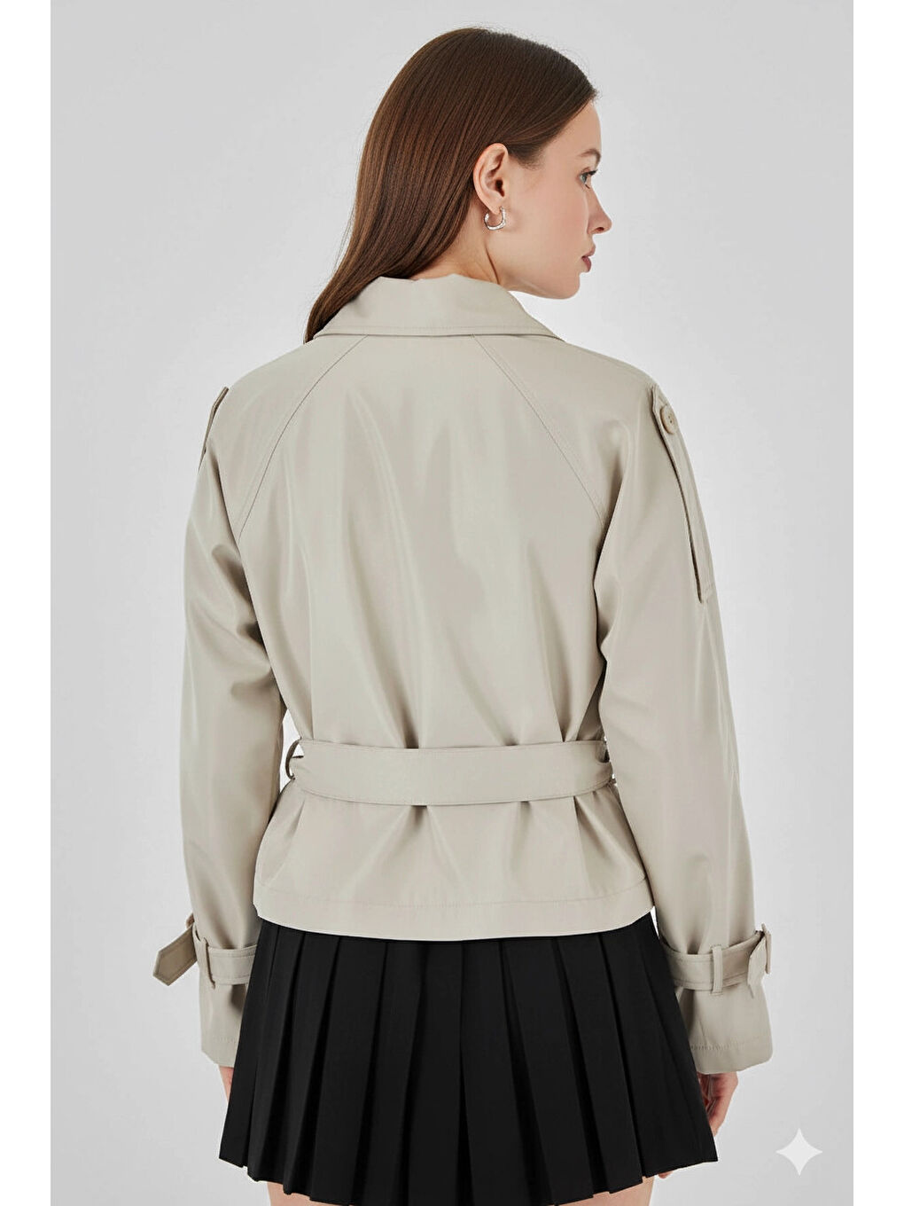 Kadın Bej Kruvaze Yaka Kuşaklı Astarlı Kısa Trençkot HZL25W-BD159701-4