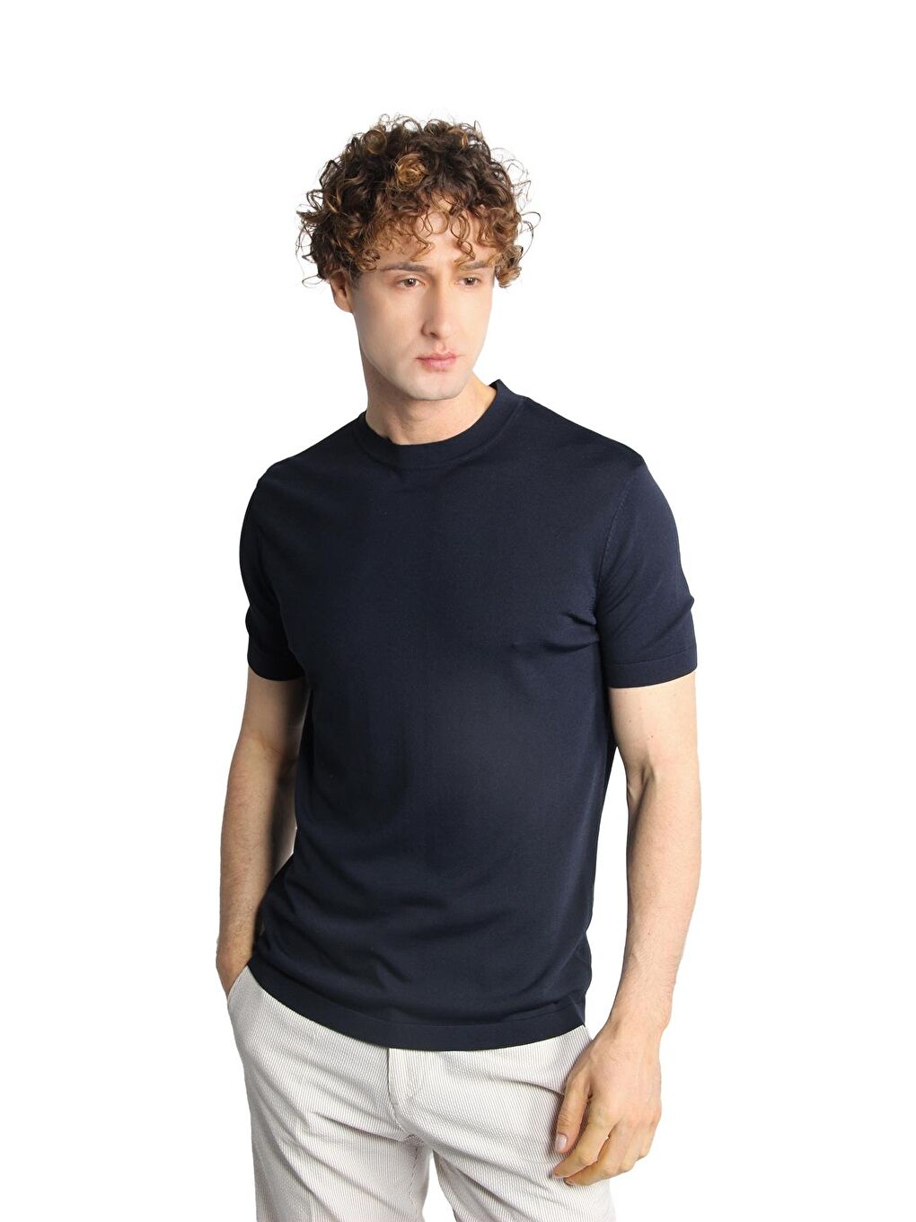 Lacivert Dar Kalıp Bisiklet Yaka Düz Kısa Kollu Triko Tişört