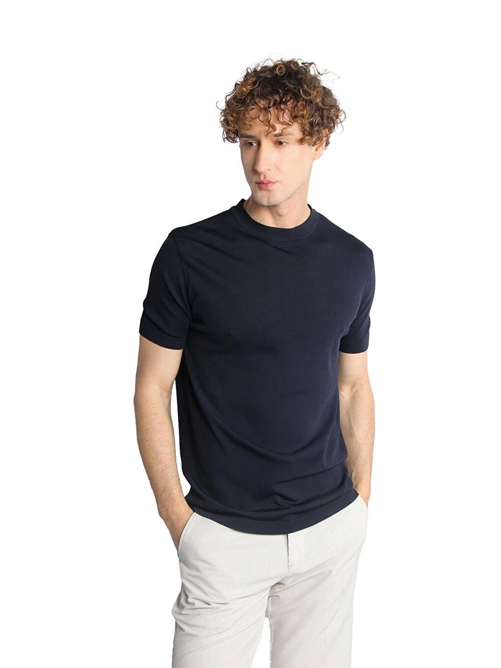 Lacivert Dar Kalıp Bisiklet Yaka Düz Kısa Kollu Triko Tişört-1