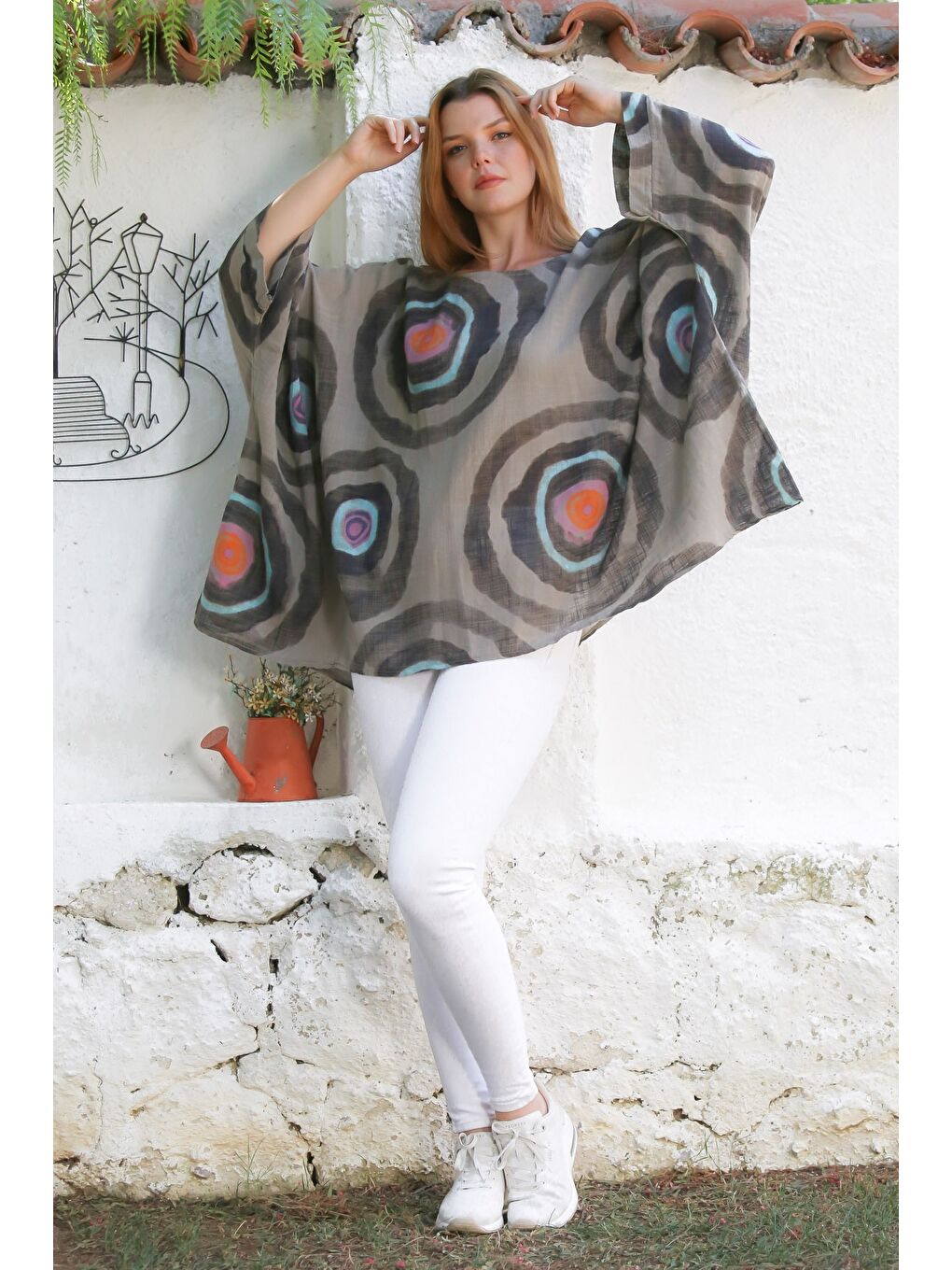 Bej İtalyan Vizon Havuz Yaka Yarasa Kol Geometrik Desenli Keten Oversize Dokuma Tunik 80 120-7