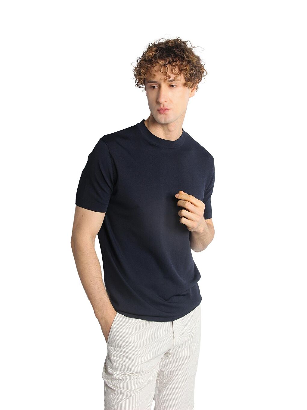 Lacivert Dar Kalıp Bisiklet Yaka Düz Kısa Kollu Triko Tişört-2