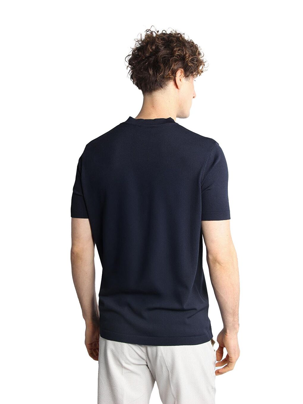 Lacivert Dar Kalıp Bisiklet Yaka Düz Kısa Kollu Triko Tişört-3