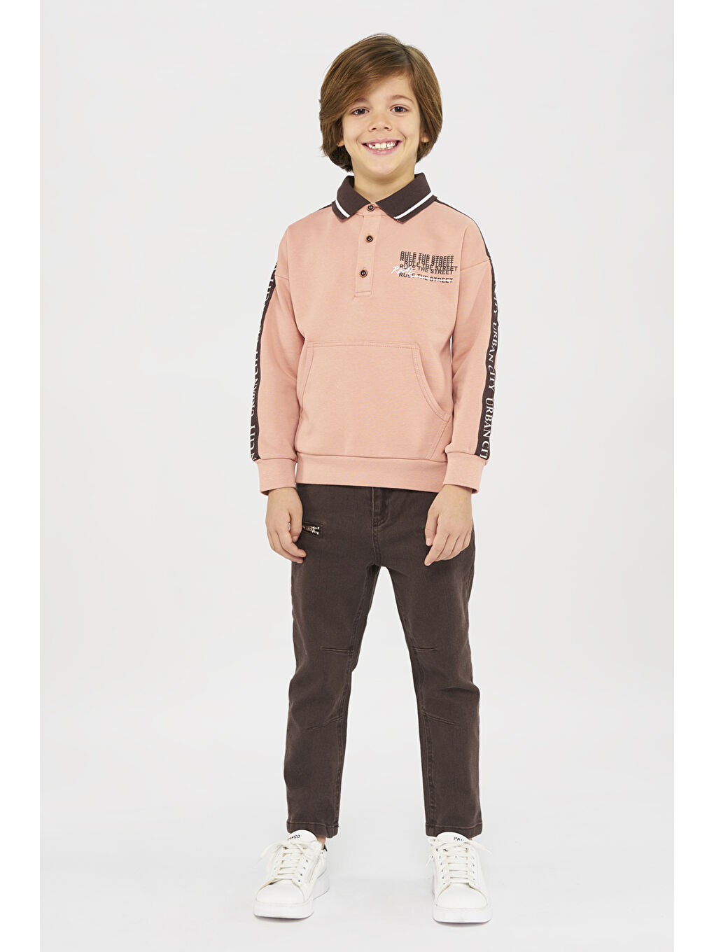 Panço Pembe Erkek Çocuk Çizgili Yakalı Sweatshirt