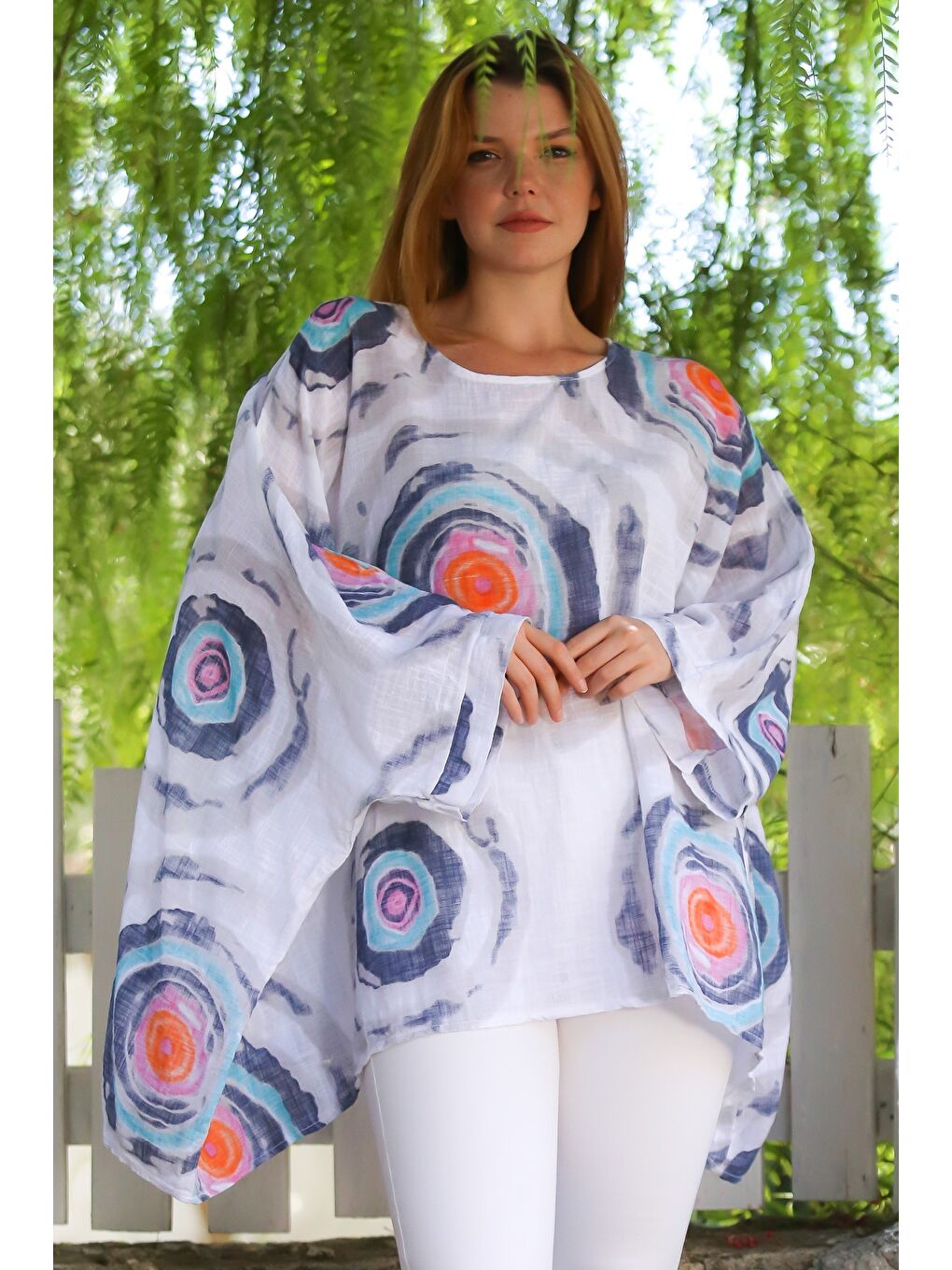 İtalyan Beyaz Havuz Yaka Yarasa Kol Geometrik Desenli Keten Oversize Dokuma Tunik 80 120