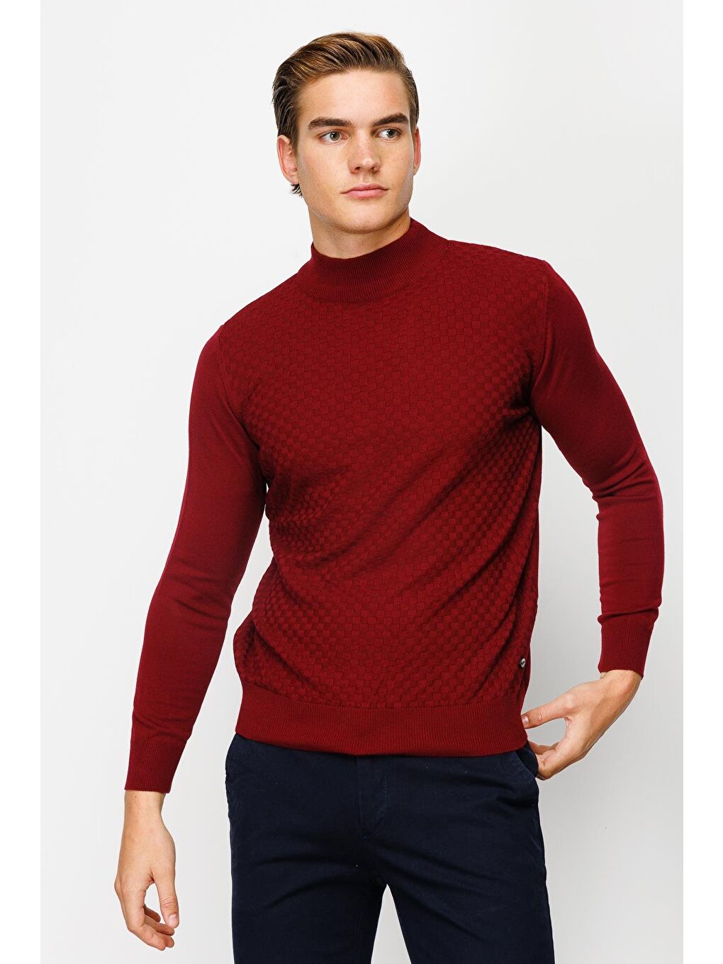 Bordo Dar Kalıp Yarım Balıkçı Düz Uzun Kollu Triko