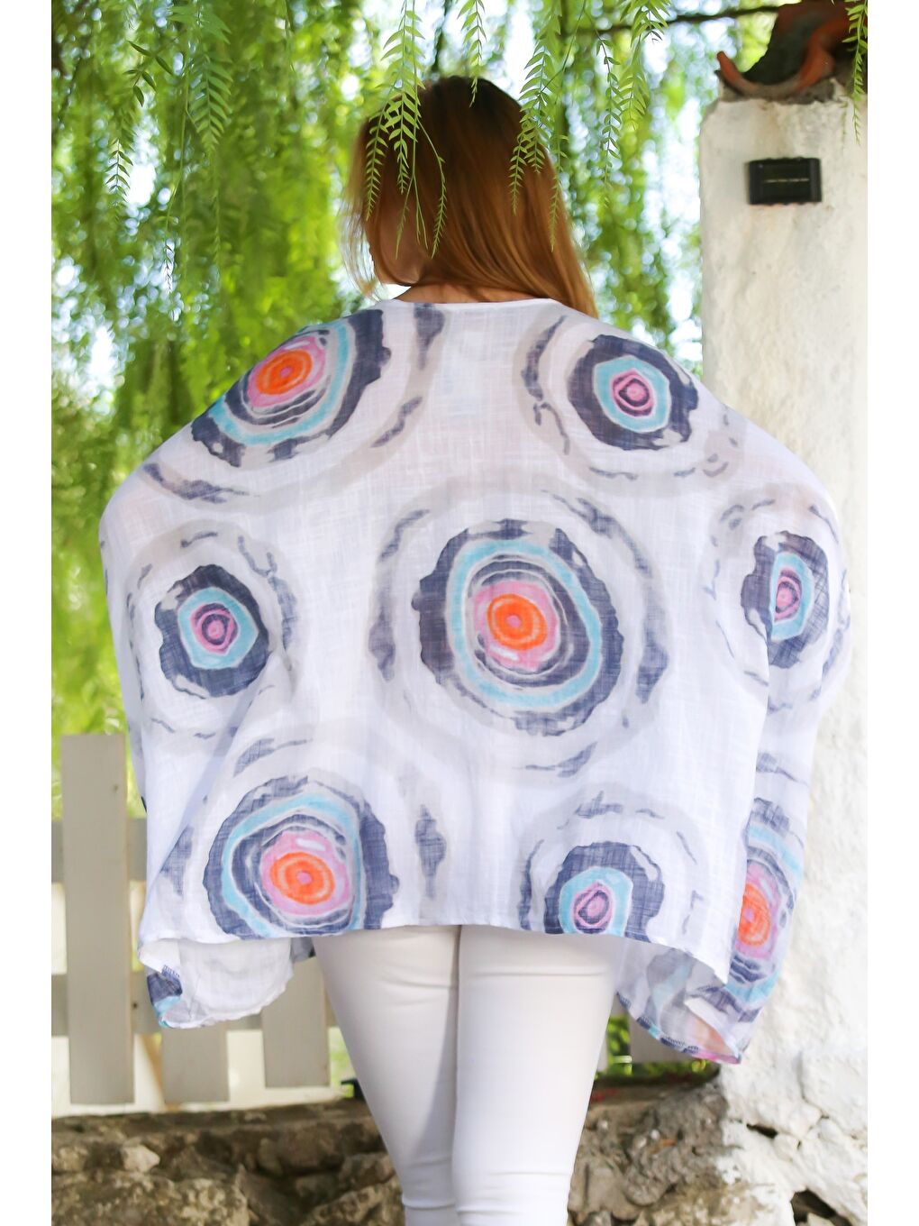 İtalyan Beyaz Havuz Yaka Yarasa Kol Geometrik Desenli Keten Oversize Dokuma Tunik 80 120-1