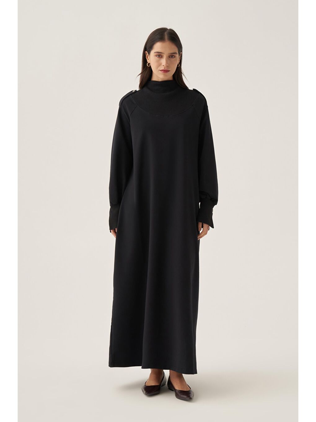 Lacivert-Kolları Düğmeli Apoletli Elastanlı Elbise-1