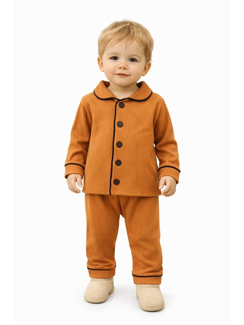 Turuncu Bebek Düğmeli Pijama Takımı Yumuşak Kumaş Uzun Kollu-1