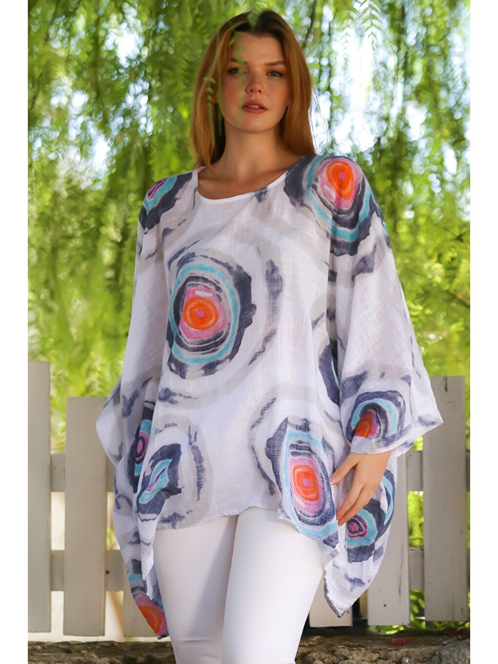 İtalyan Beyaz Havuz Yaka Yarasa Kol Geometrik Desenli Keten Oversize Dokuma Tunik 80 120-2
