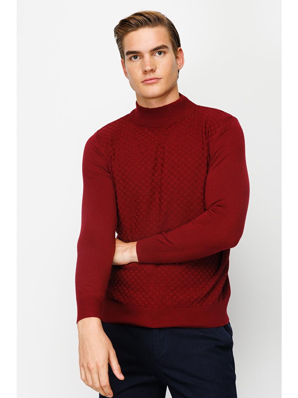 Bordo Dar Kalıp Yarım Balıkçı Düz Uzun Kollu Triko-1