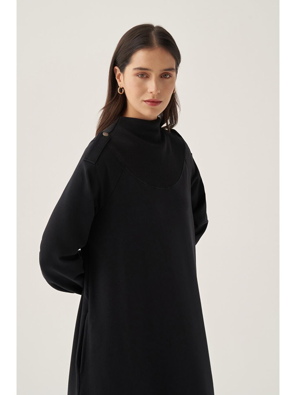 Lacivert-Kolları Düğmeli Apoletli Elastanlı Elbise-4