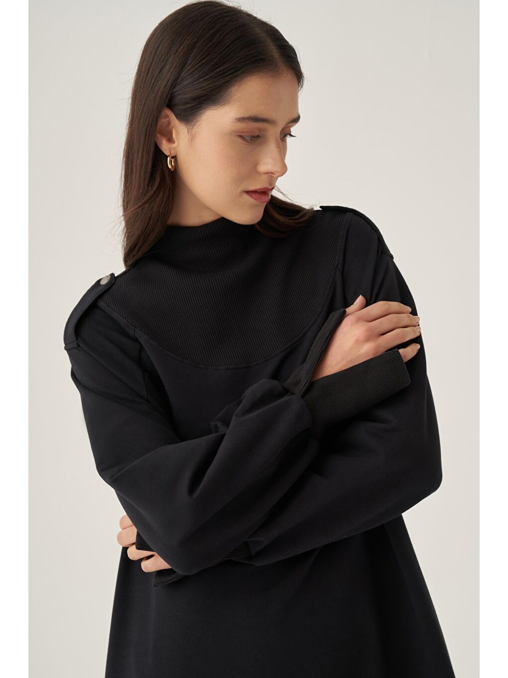 Lacivert-Kolları Düğmeli Apoletli Elastanlı Elbise-5