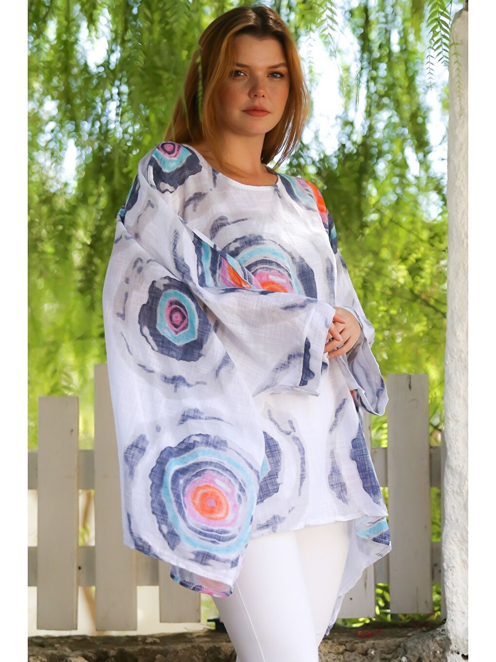 İtalyan Beyaz Havuz Yaka Yarasa Kol Geometrik Desenli Keten Oversize Dokuma Tunik 80 120-3