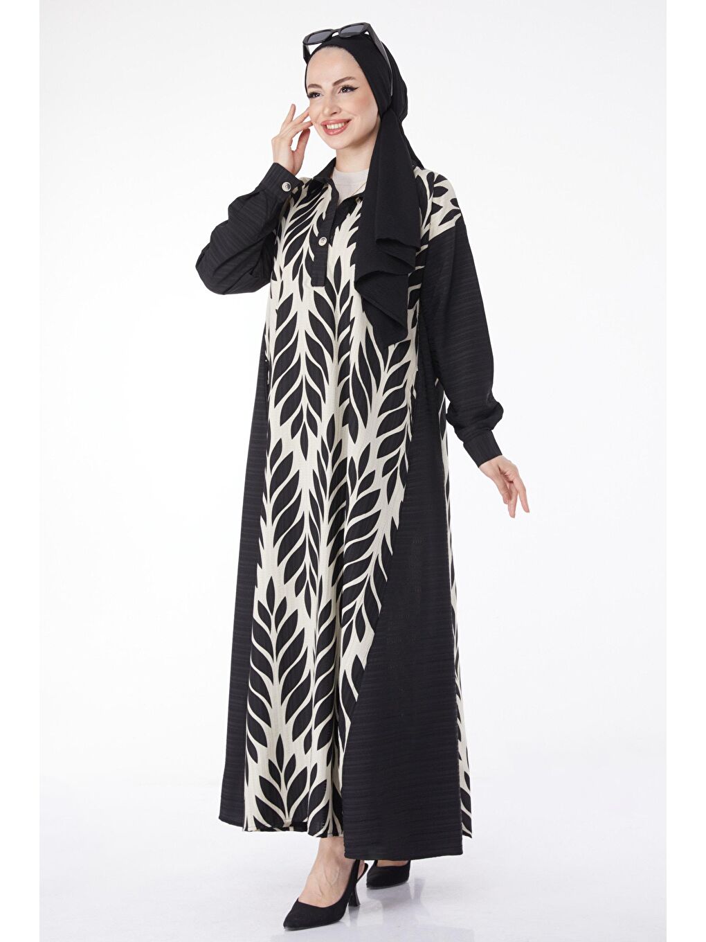 Gömlek Yaka Kadın Siyah Desenli Salaş Elbise - 25045