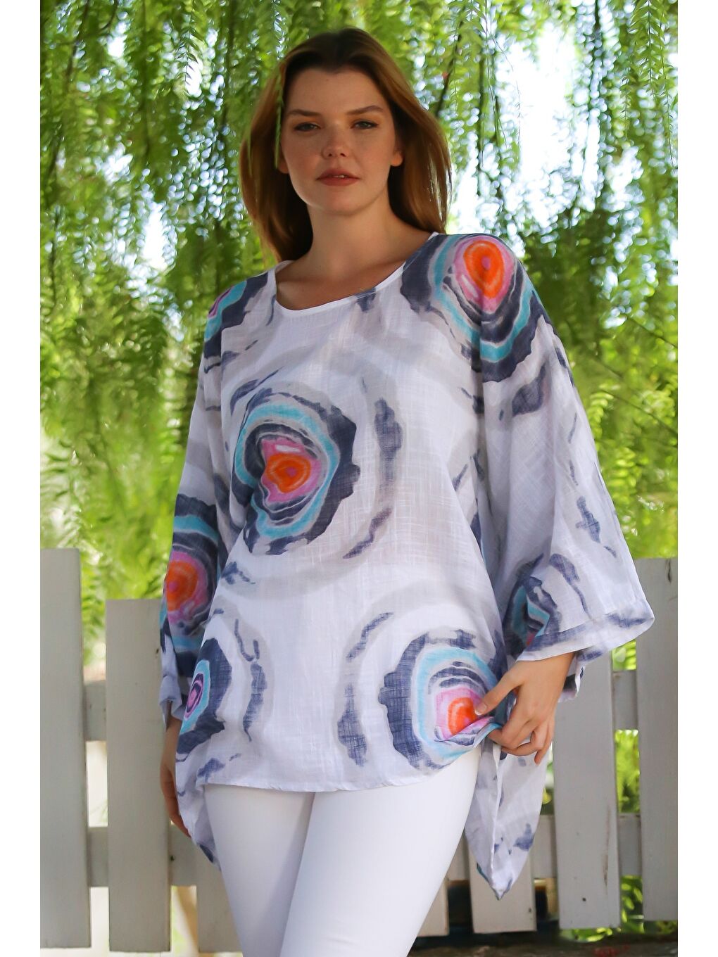 İtalyan Beyaz Havuz Yaka Yarasa Kol Geometrik Desenli Keten Oversize Dokuma Tunik 80 120-4