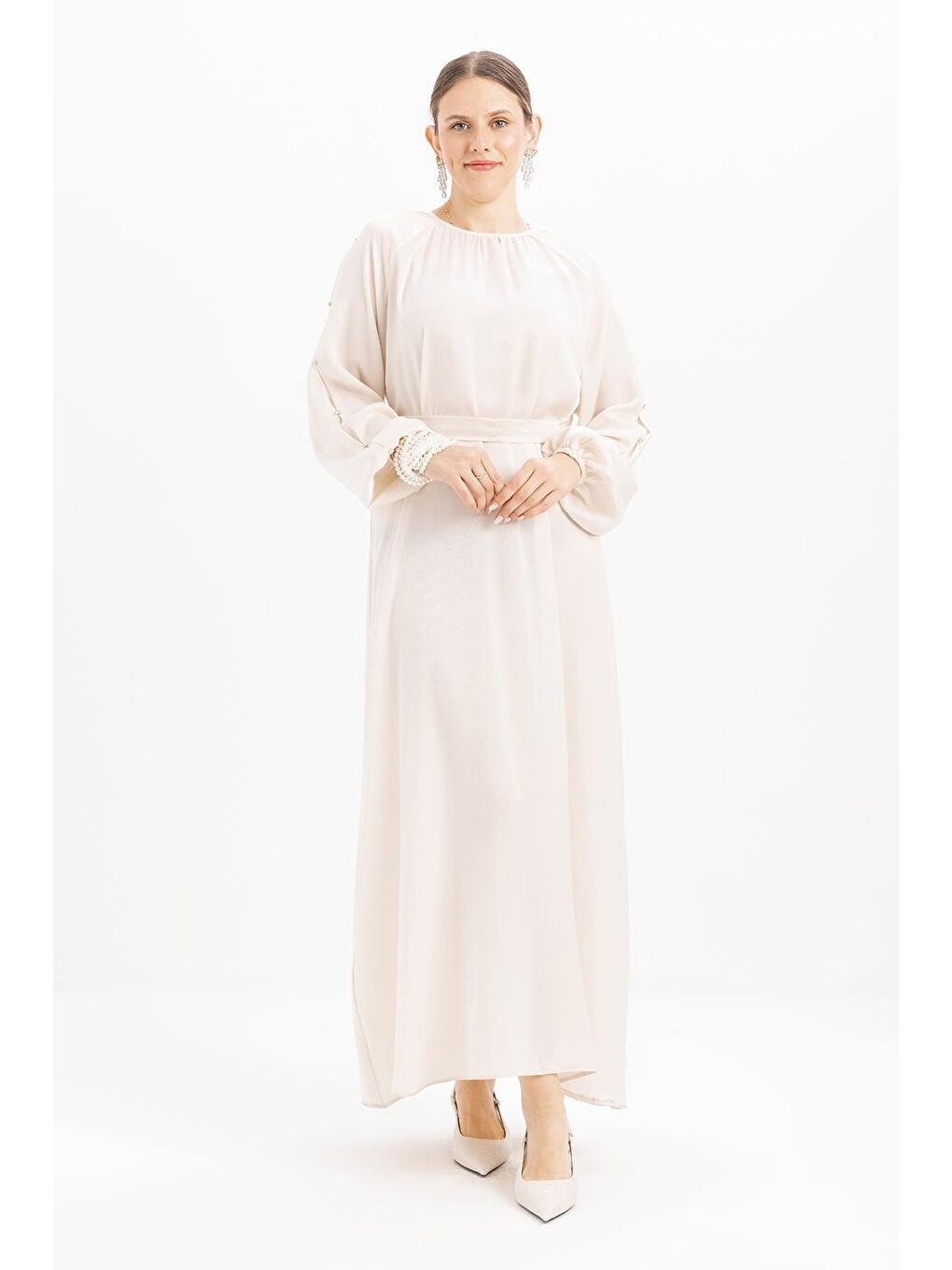 Beyaz Kemik-Taşlı Saten Elbise-1