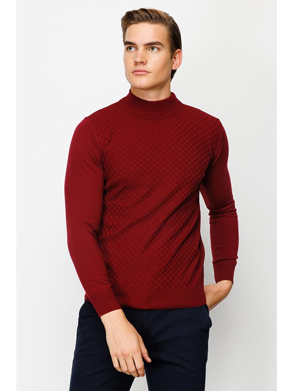 Bordo Dar Kalıp Yarım Balıkçı Düz Uzun Kollu Triko-3