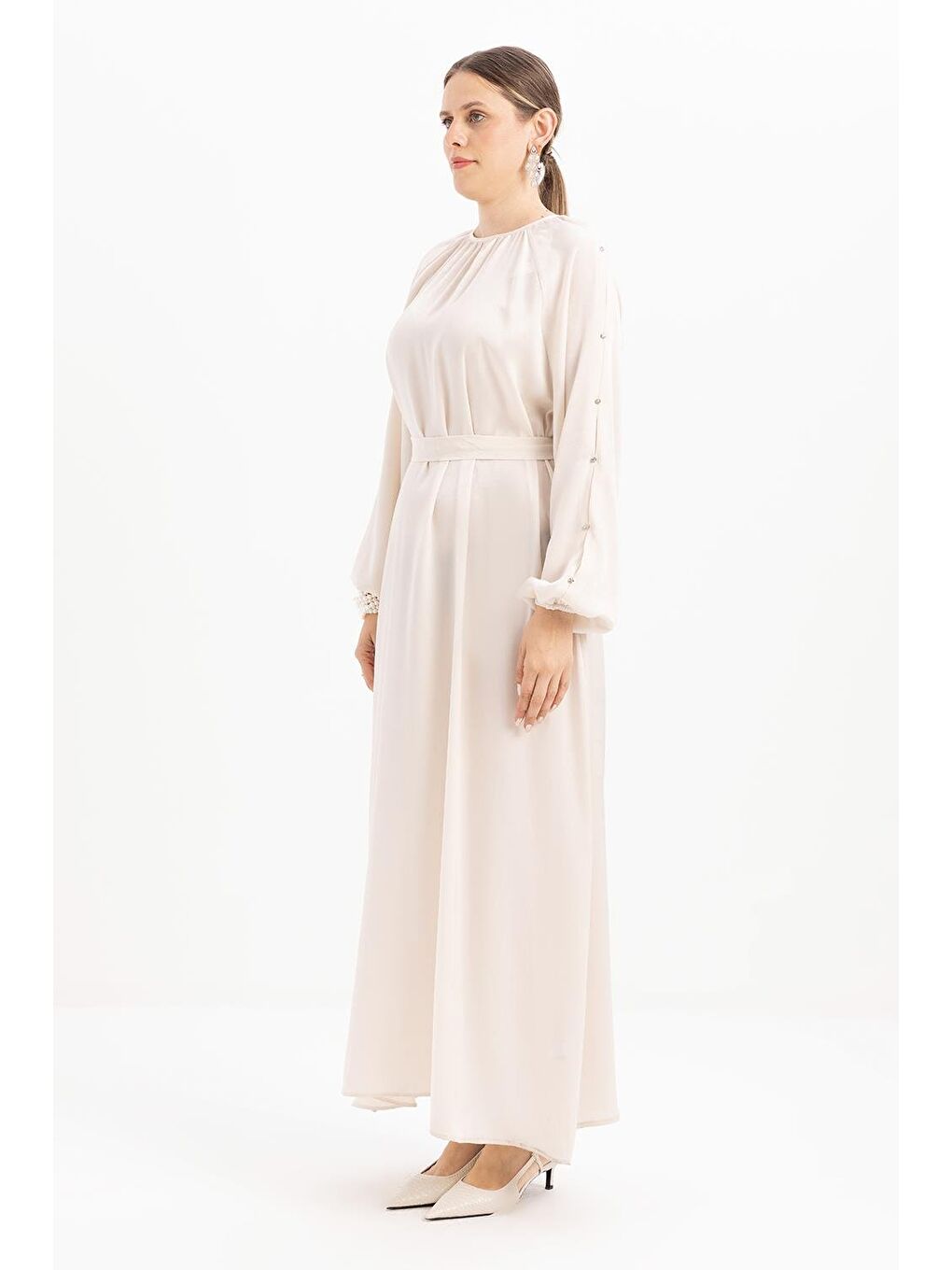 Beyaz Kemik-Taşlı Saten Elbise-2