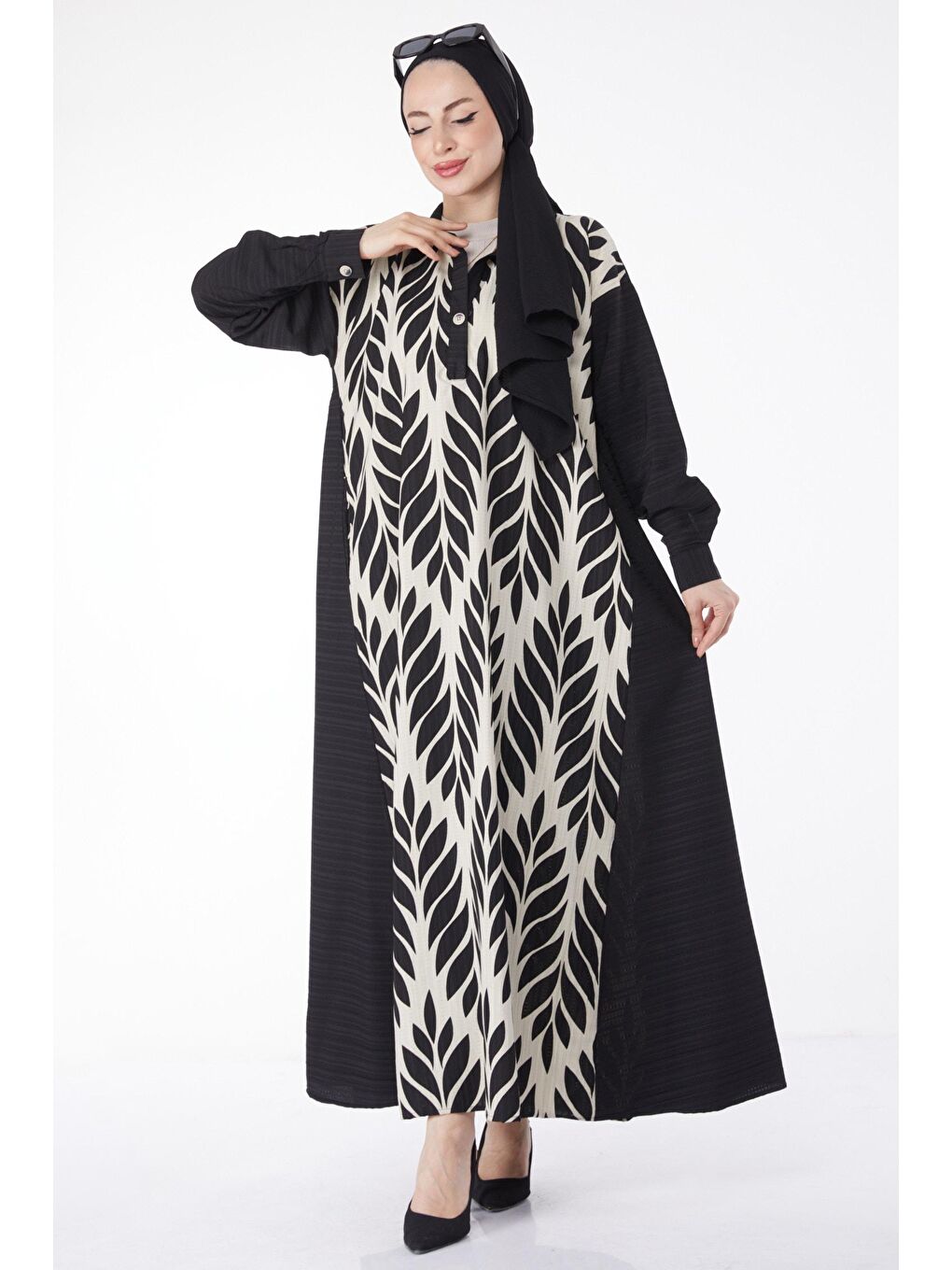 Gömlek Yaka Kadın Siyah Desenli Salaş Elbise - 25045-1