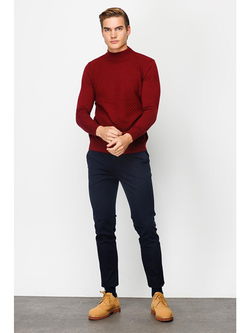 Bordo Dar Kalıp Yarım Balıkçı Düz Uzun Kollu Triko-4