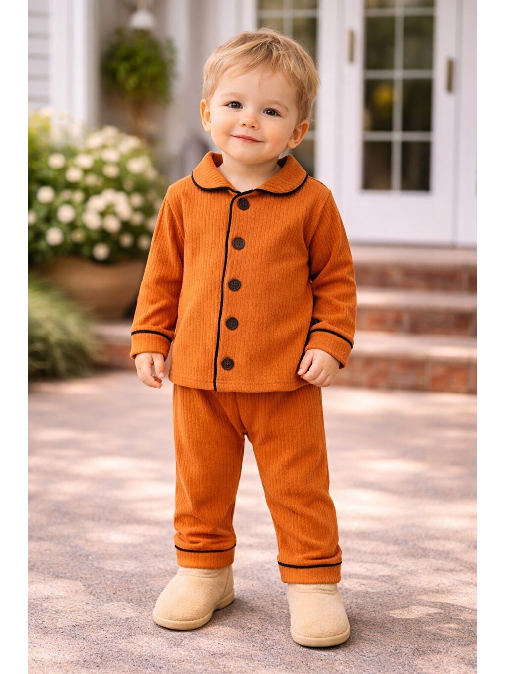 Turuncu Bebek Düğmeli Pijama Takımı Yumuşak Kumaş Uzun Kollu-2