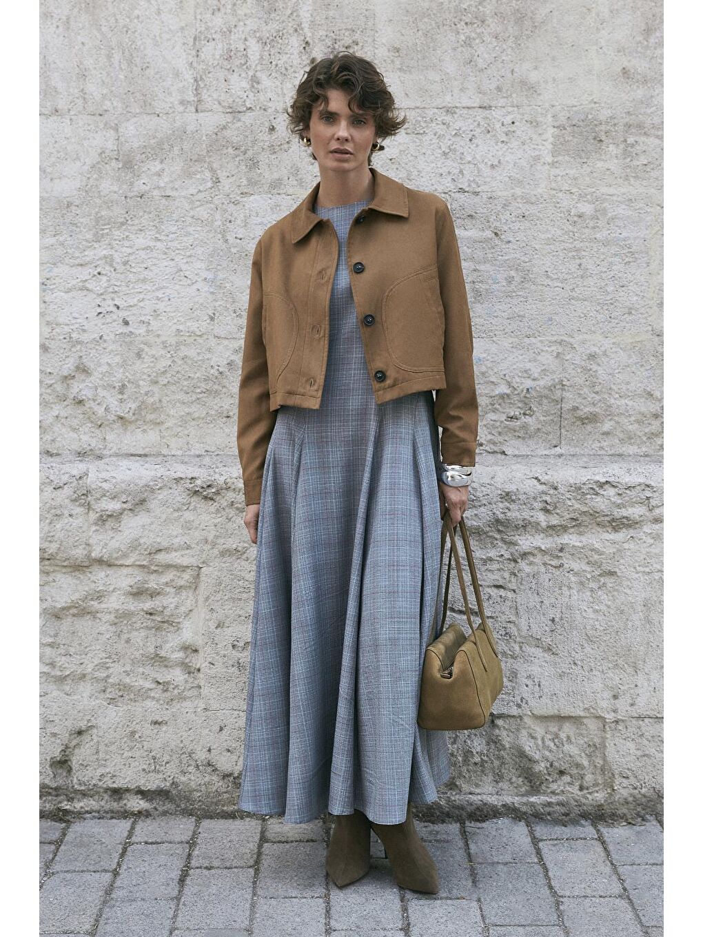 Ekose Desenli Parçalı Uzun Elbise Gri-2