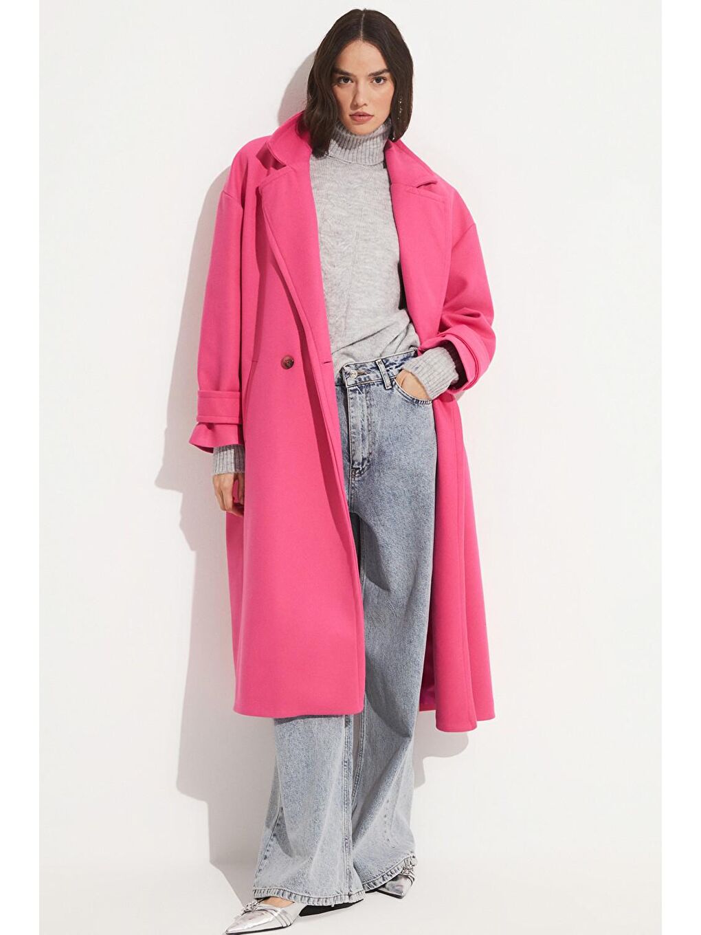 June Pembe Oversize Kruvaze kaşe  Kaban