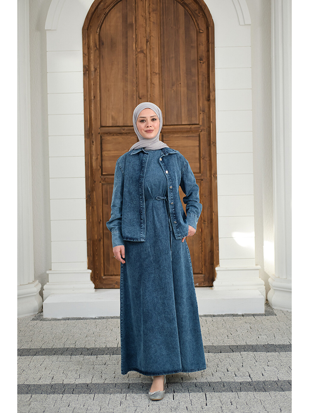 Kadın Düğmeli Bel Bağlamalı Jean Takım Yıkama Mavi