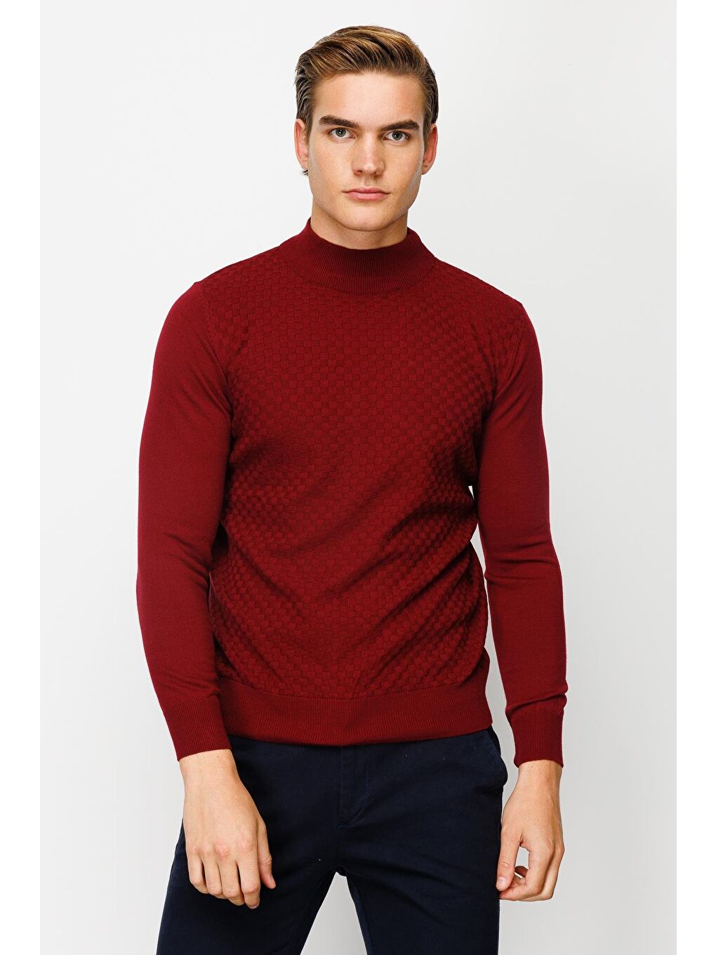 Bordo Dar Kalıp Yarım Balıkçı Düz Uzun Kollu Triko-5