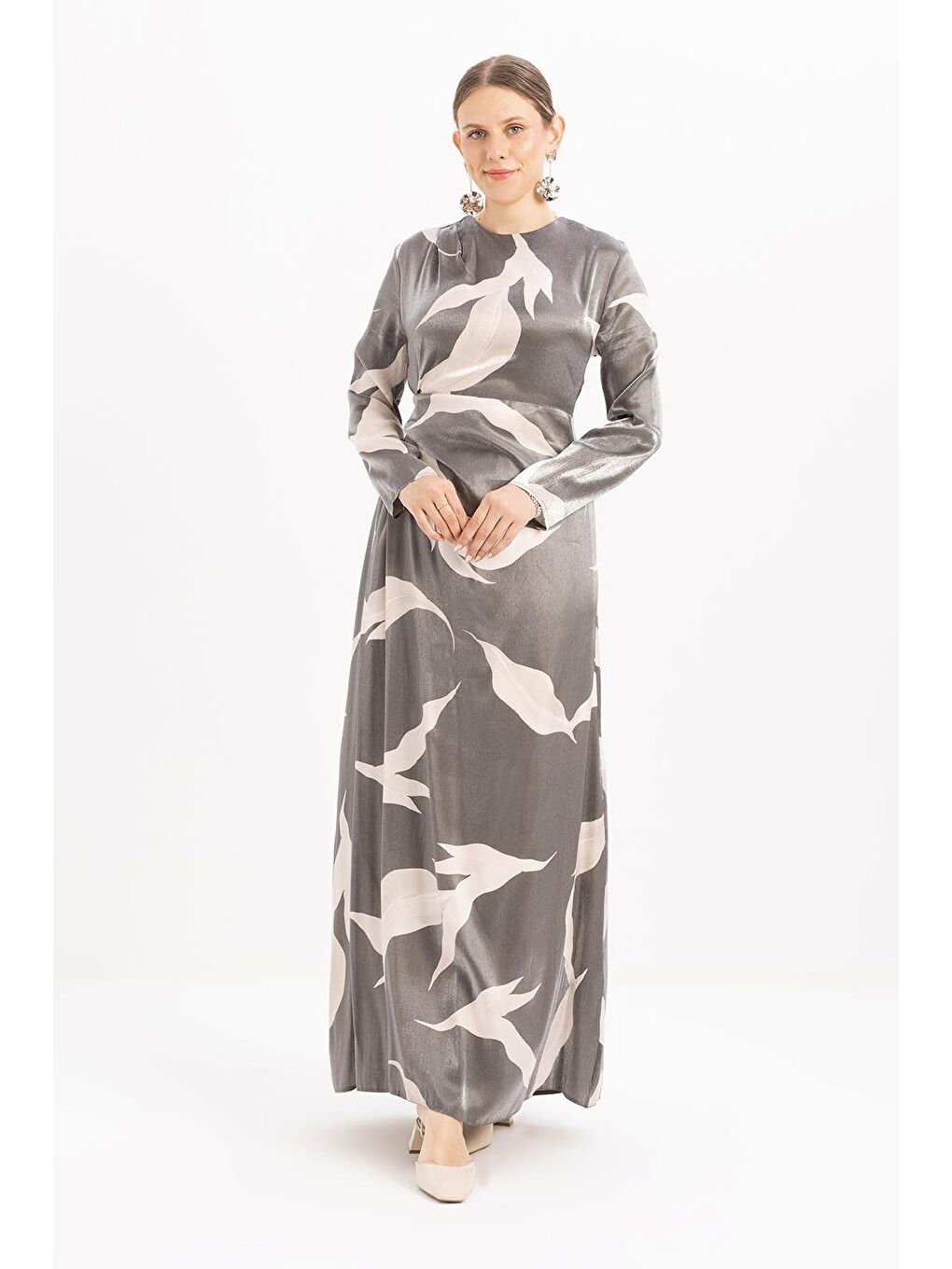 Siyah-Ekru-Parlak Desenli Elbise