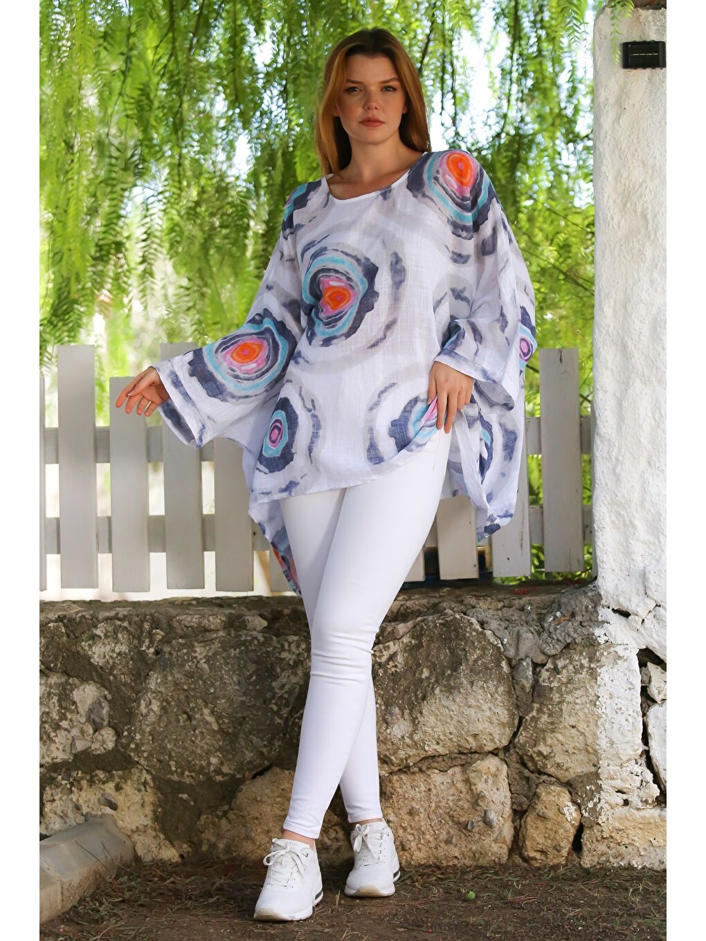 İtalyan Beyaz Havuz Yaka Yarasa Kol Geometrik Desenli Keten Oversize Dokuma Tunik 80 120-6