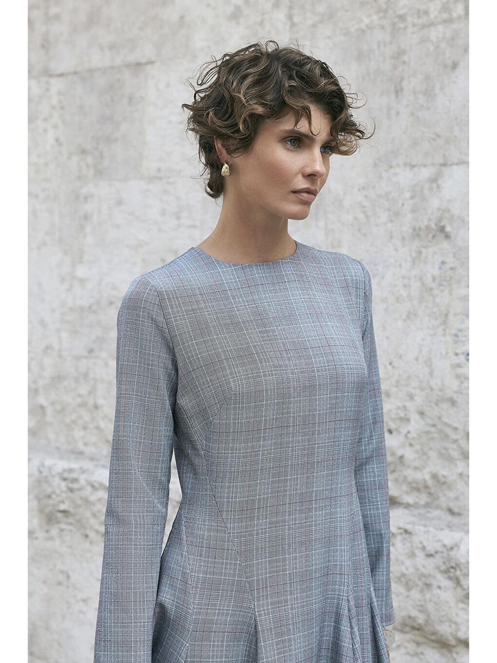 Ekose Desenli Parçalı Uzun Elbise Gri-4