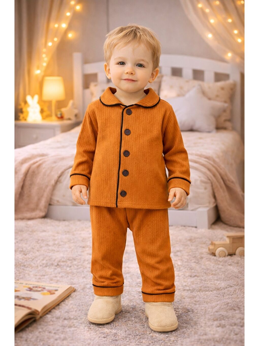 Turuncu Bebek Düğmeli Pijama Takımı Yumuşak Kumaş Uzun Kollu-3