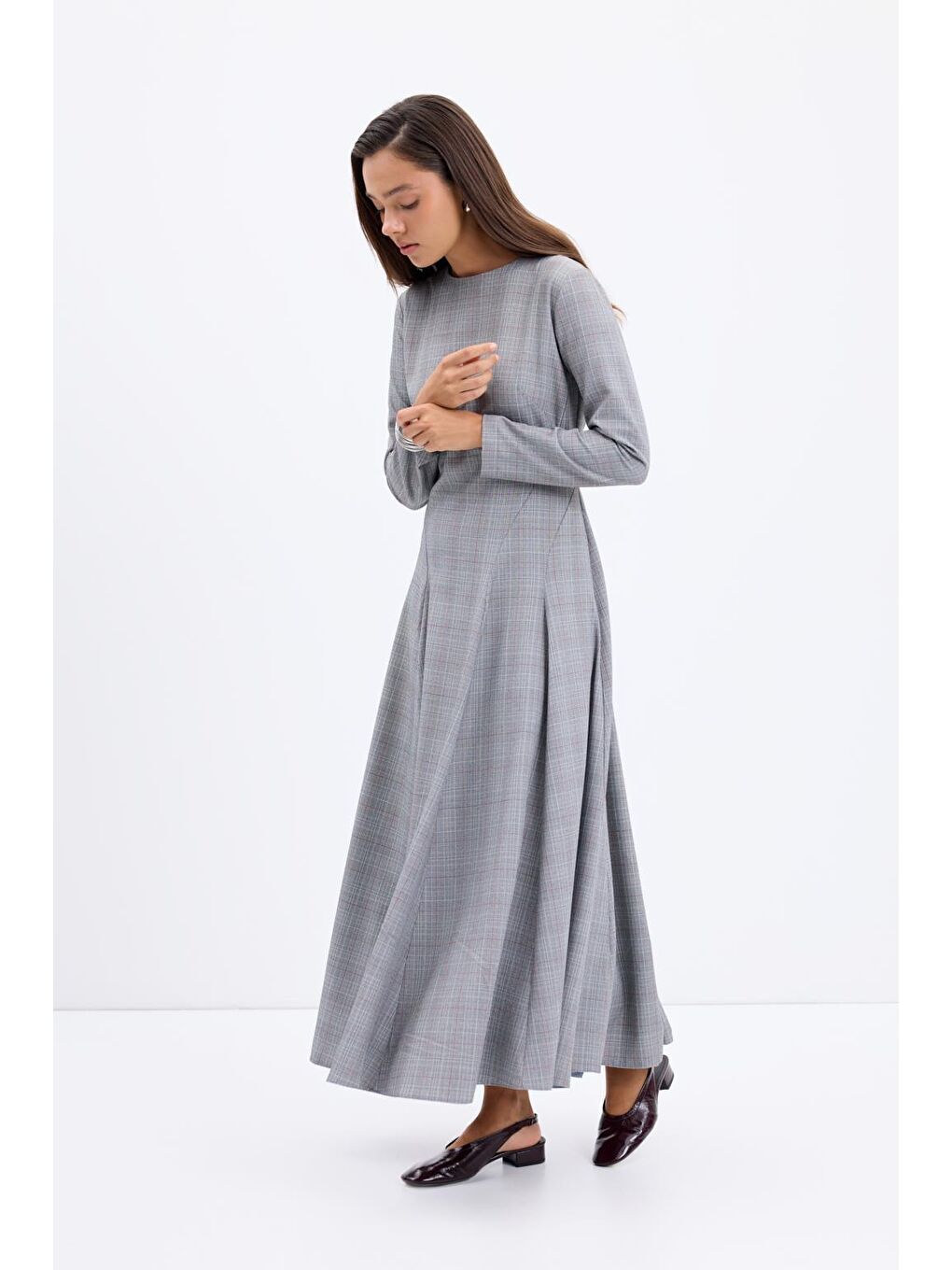 Ekose Desenli Parçalı Uzun Elbise Gri-5