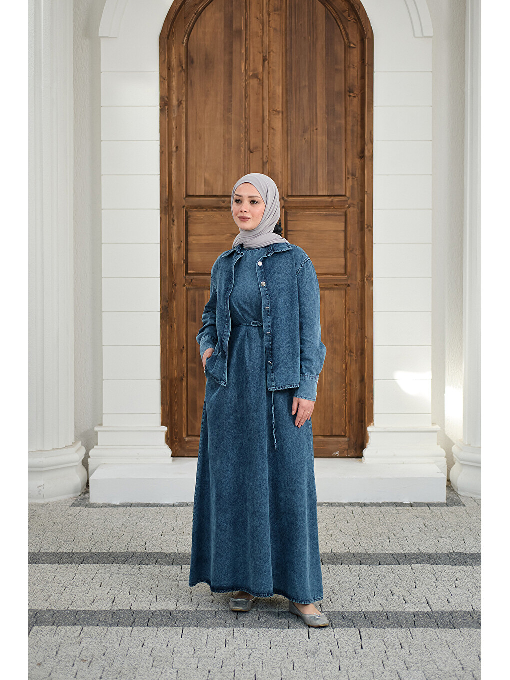 Kadın Düğmeli Bel Bağlamalı Jean Takım Yıkama Mavi-1
