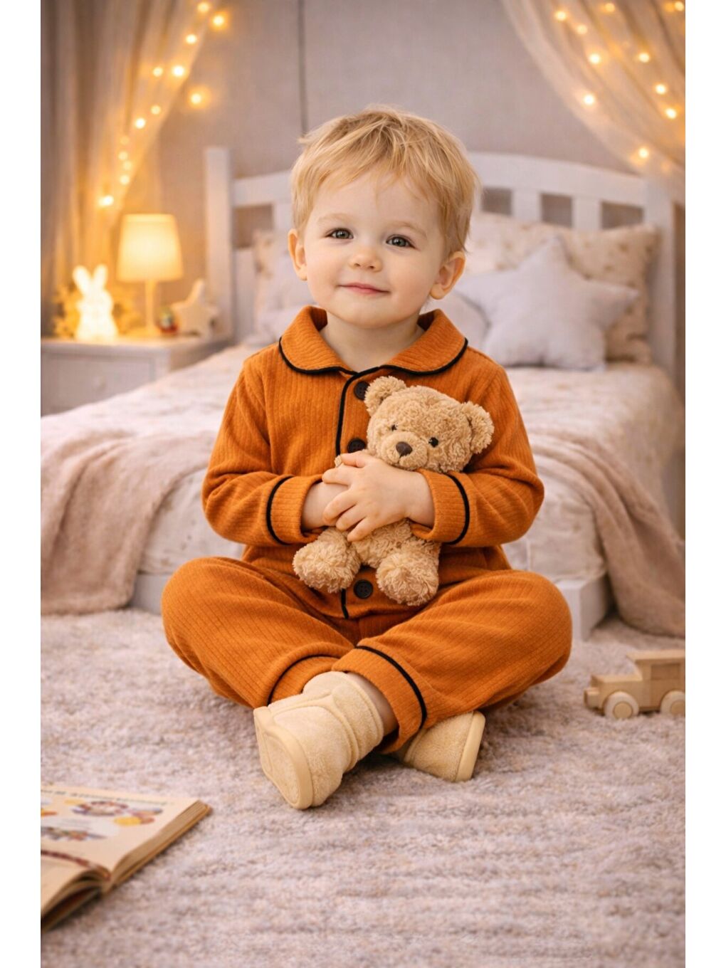 Turuncu Bebek Düğmeli Pijama Takımı Yumuşak Kumaş Uzun Kollu-4