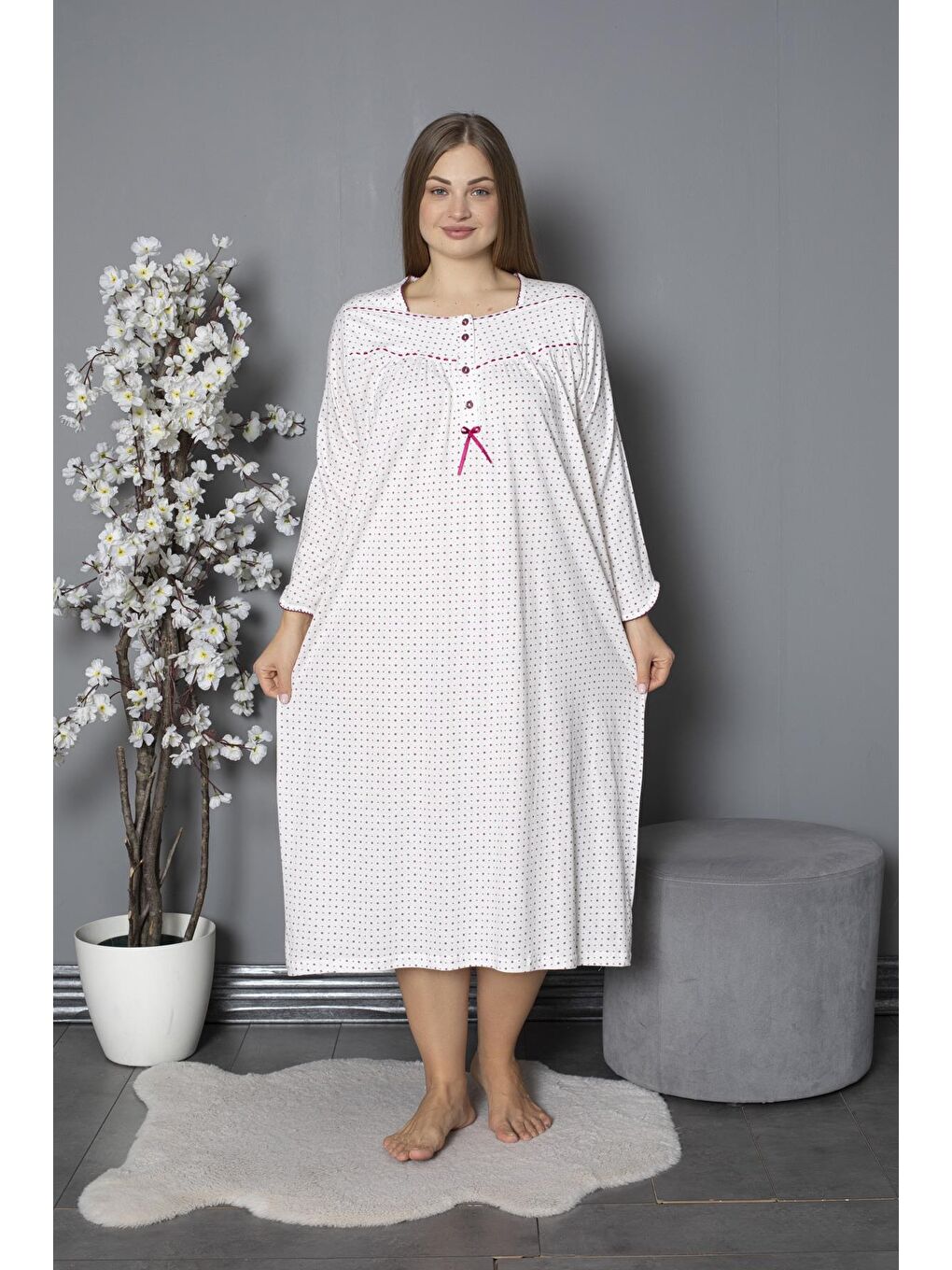 Mürdüm %100 Pamuklu Mevsimlik Penye Uzun Kollu Büyük Beden Anne Geceliği 1330