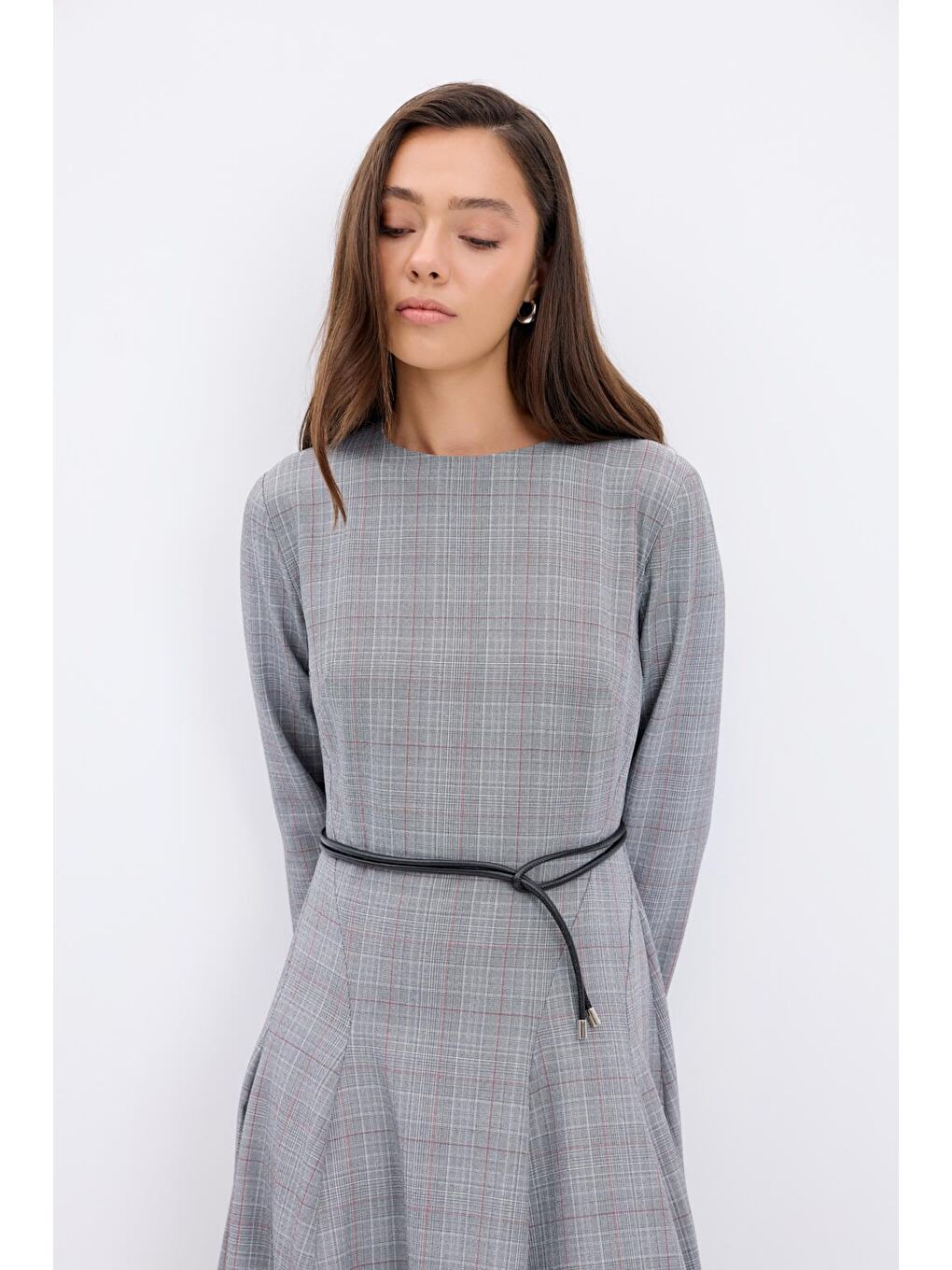 Ekose Desenli Parçalı Uzun Elbise Gri-6